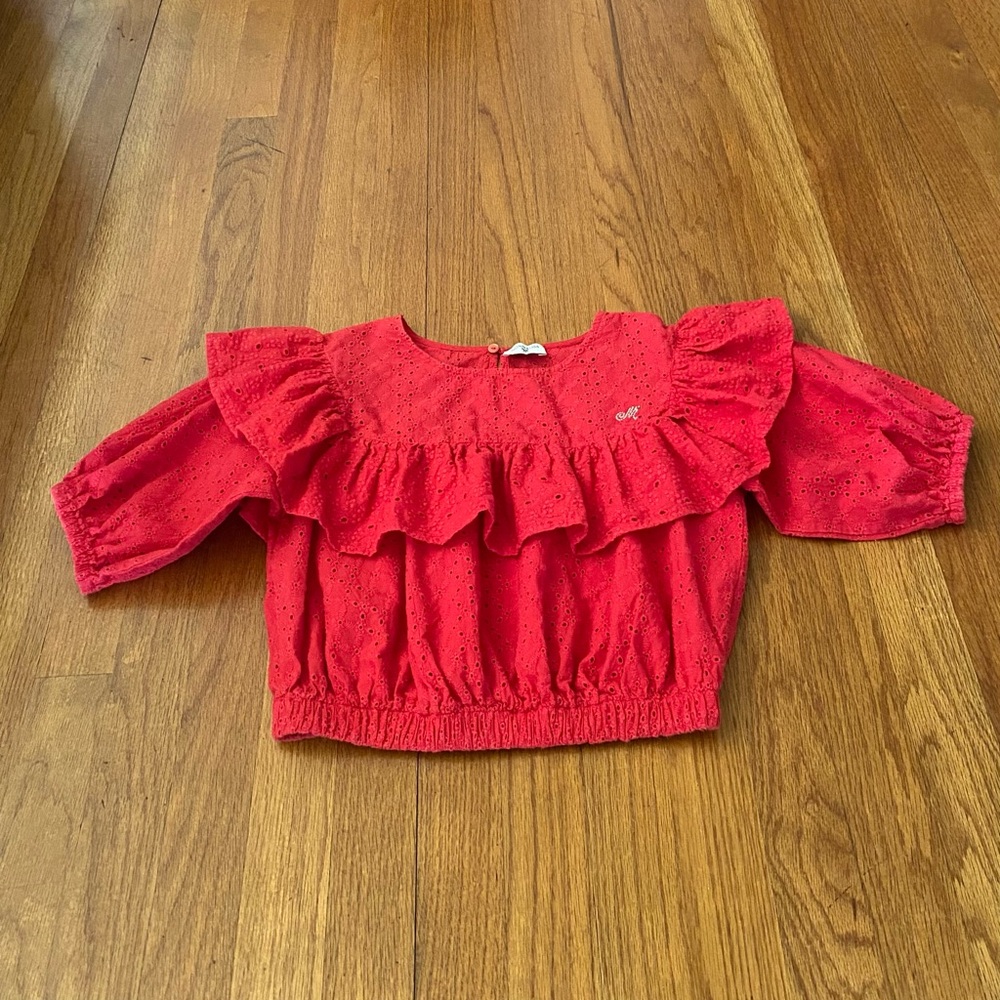 MonnaLisa Embroidered Red Ruffled Blouse with Puff Sleeves